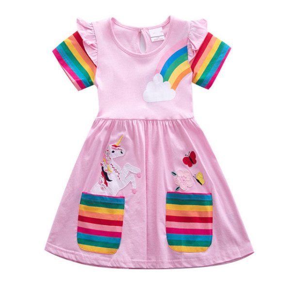 Robe Licorne Rose arc-en-ciel manches courtes