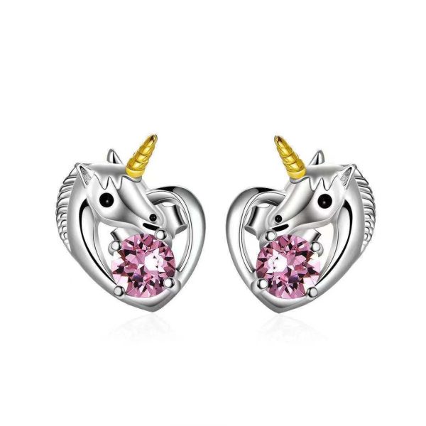 Boucles d’Oreilles Licorne Cœur et Cristal Rouge