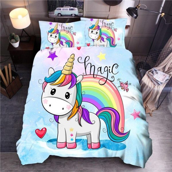 housse de couette licorne fille magique bleue