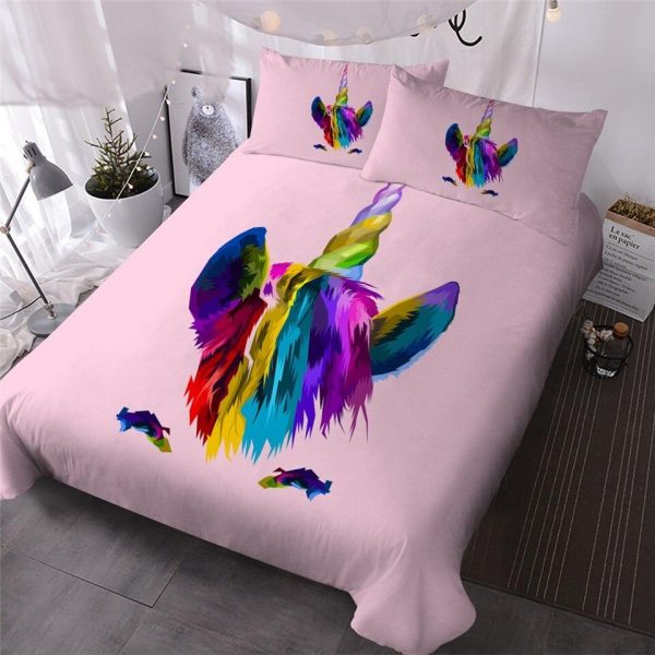 housse de couette licorne multicolore fond rose