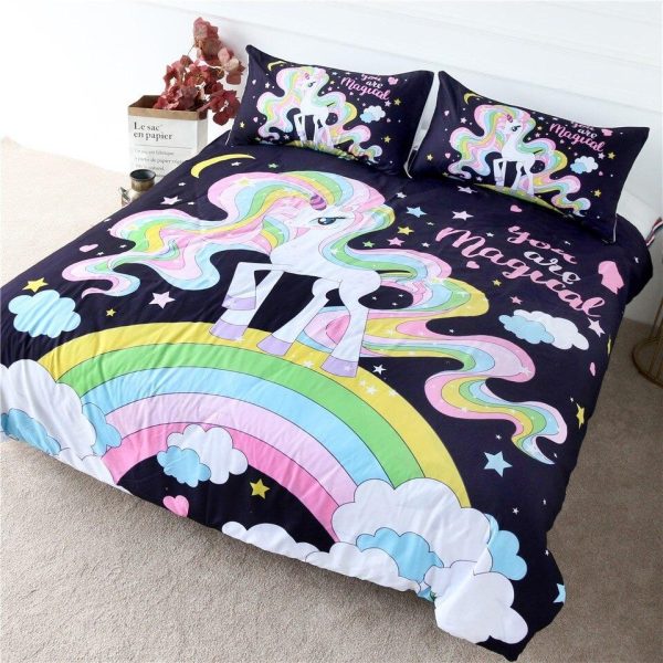 housse de couette licorne arc-en-ciel nocturne