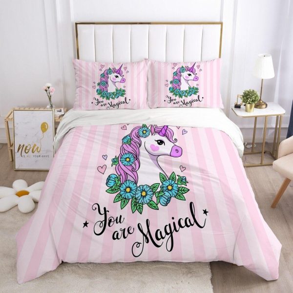 housse de couette licorne rayée rose et blanche