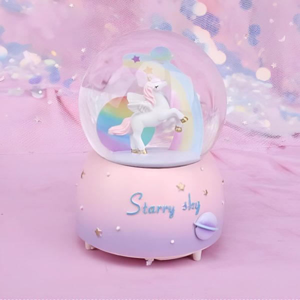 boule à neige musicale Licorne arc-en-ciel à paillettes dorées