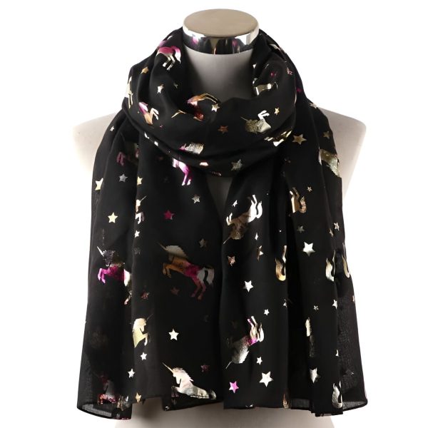 écharpe femme noire motif licorne et étoiles