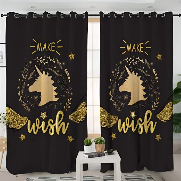 rideaux licorne noirs motif Make Wish doré